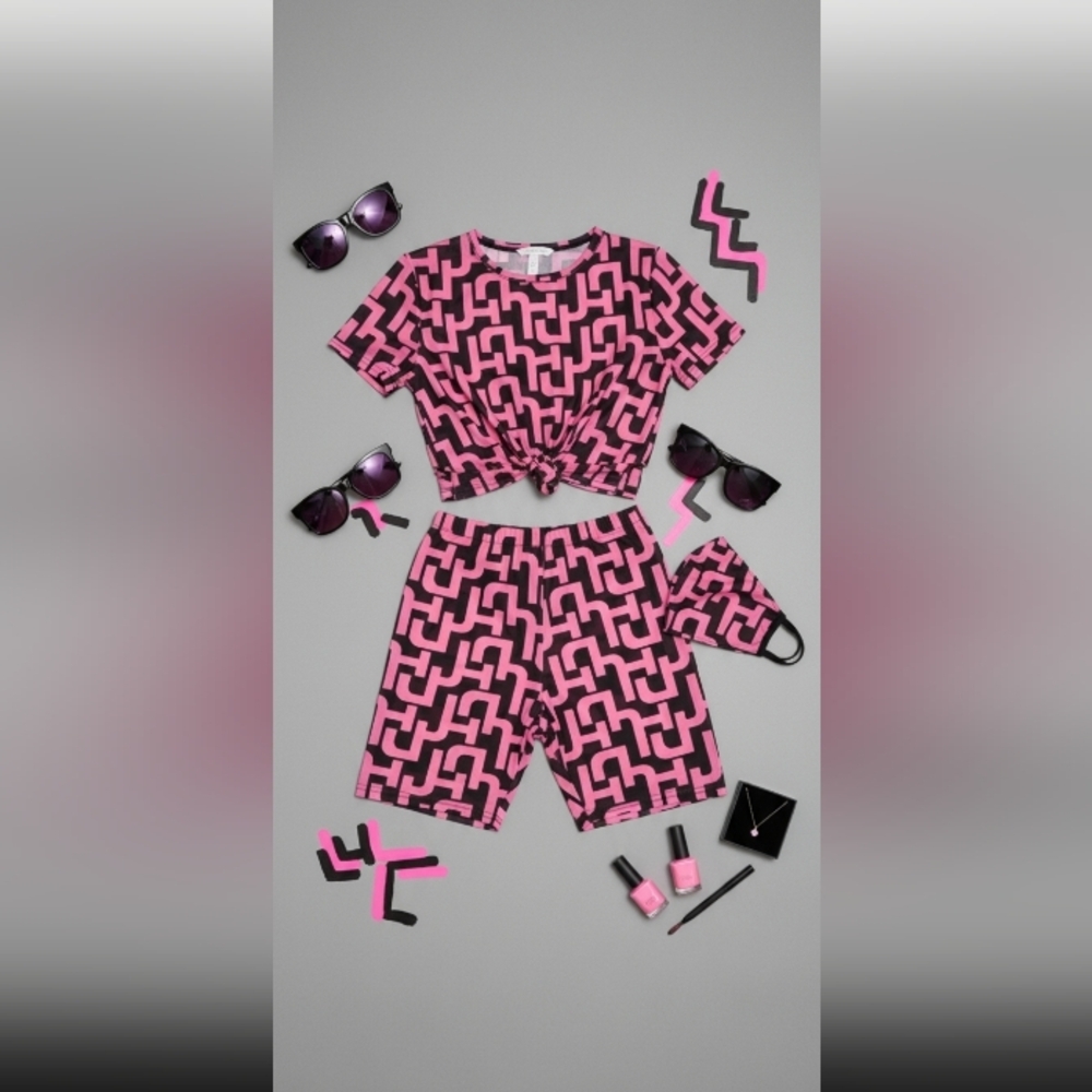 Mesh Biker Shorts Set Large Hot Pink and Black Two Piece - Picture 1 of 11